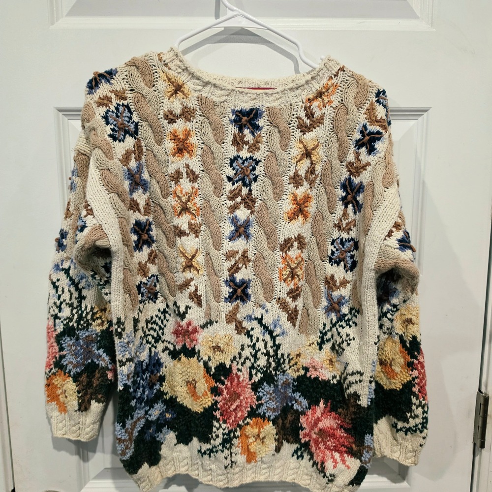 Crystal Kobe Sweater Womens Medium Cream Ramie Cotton Floral Cable Knit Vintage